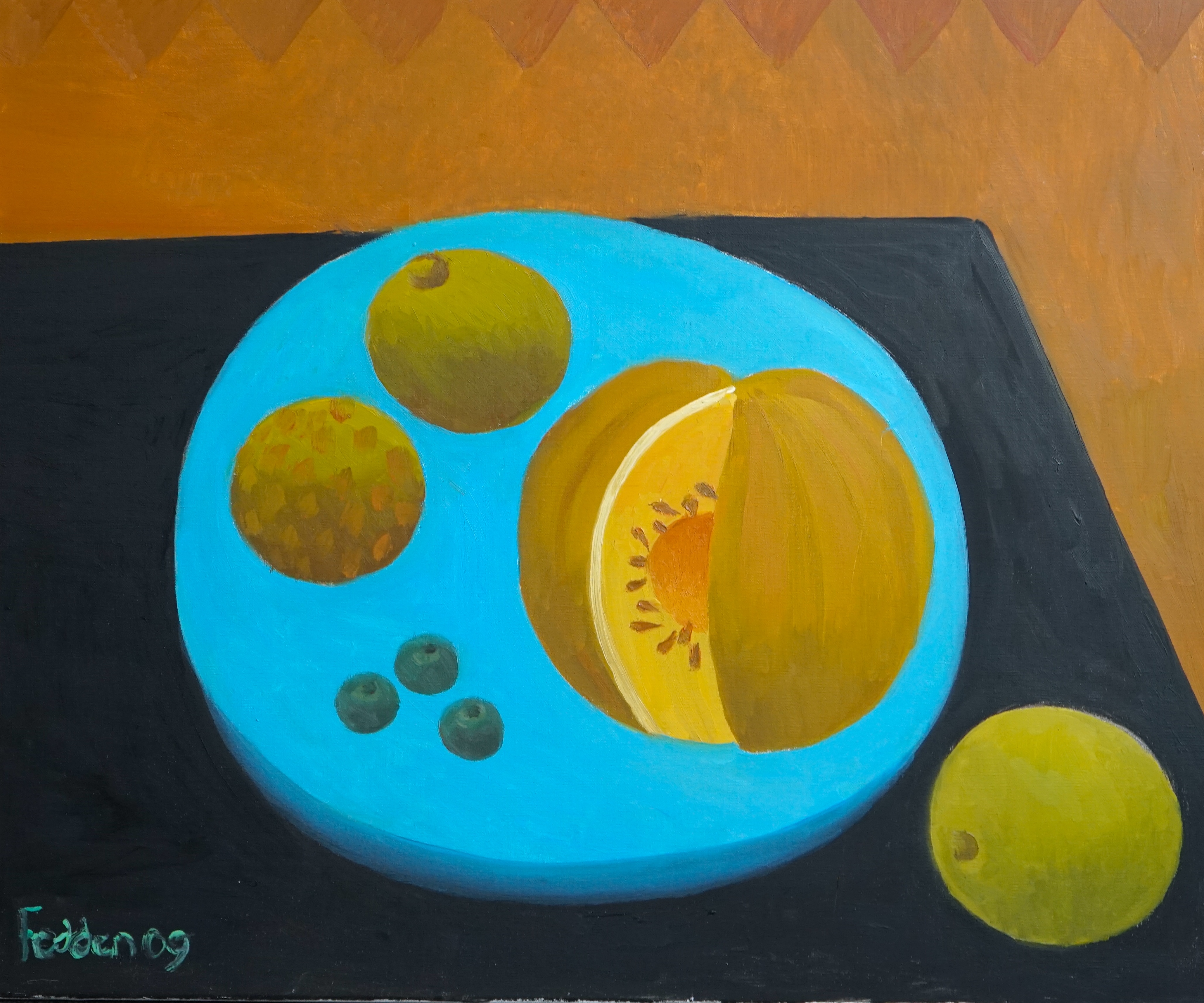 Mary Fedden R.A. (British, 1915-2012), Still life of fruit in a blue bowl, oil on canvas, 51 x 61cm